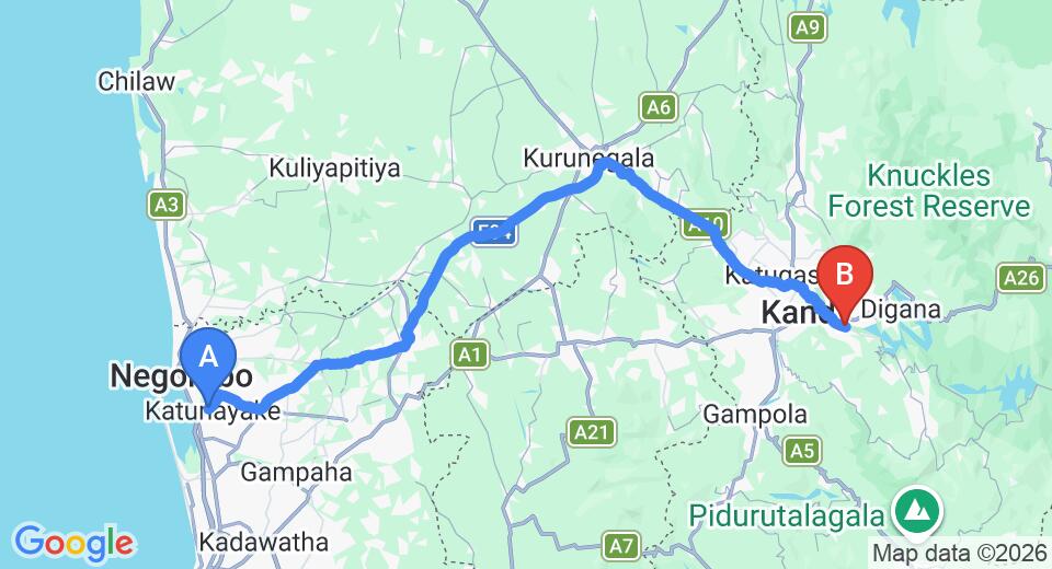 Driving route map: Colombo Airport (CMB) to Isuru Inn, Kandy (119 km, approx 3 h 0 min private transfer)