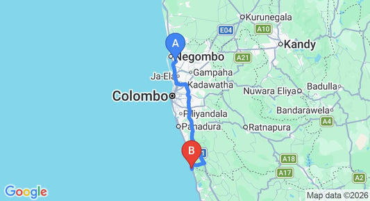 Driving route map: Colombo Airport (CMB) to Palm Beach Inn and Sea Shells Cabanas, Bentota (109 km, approx 1 h 42 min private transfer)