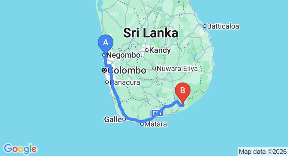 Driving route map: Colombo Airport (CMB) to Hibiscus Garden, Tissamaharama (281 km, approx 3 h 47 min private transfer)