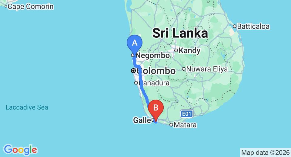Driving route map: Colombo Airport (CMB) to Blue Sky Beach Resorts, Unawatuna (155 km, approx 2 h 11 min private transfer)