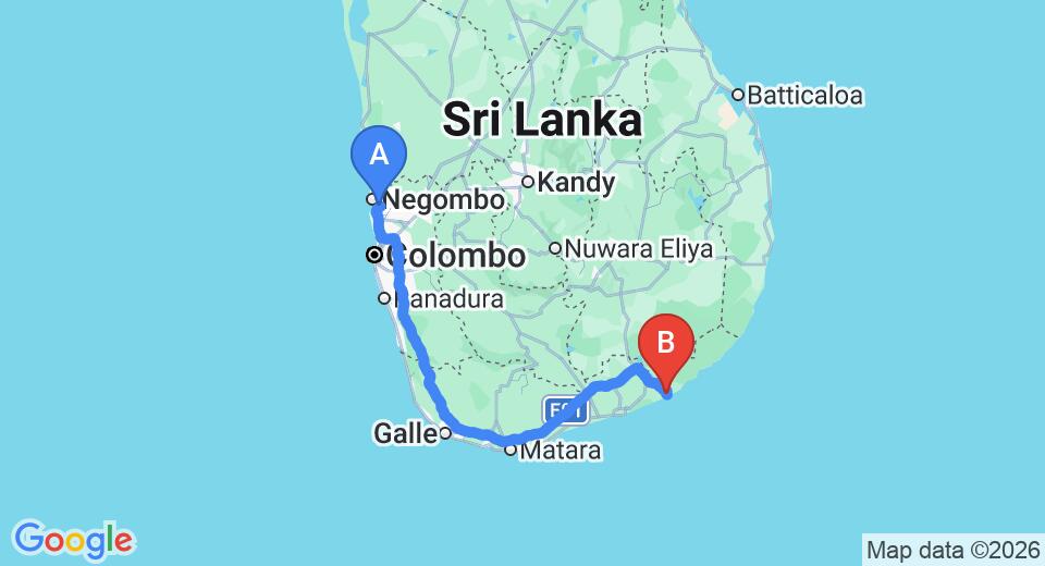 Driving route map: Colombo Airport (CMB) to Crazy Peacock, Kirinda (288 km, approx 3 h 58 min private transfer)
