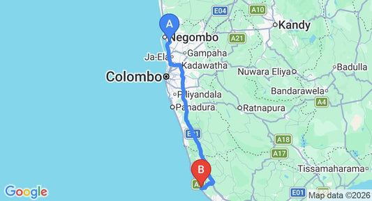 Driving route map: Colombo Airport (CMB) to 906 Villa, Hikkaduwa (142 km, approx 2 h 5 min private transfer)