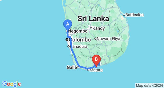 Driving route map: Colombo Airport (CMB) to Harmony Beach Bungalows, Tangalle (217 km, approx 2 h 54 min private transfer)