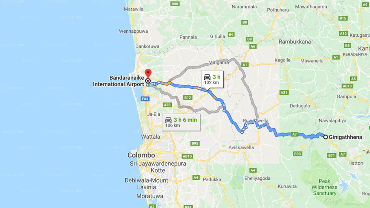 Ginigathhena City to Colombo Airport (CMB) Private Transfer