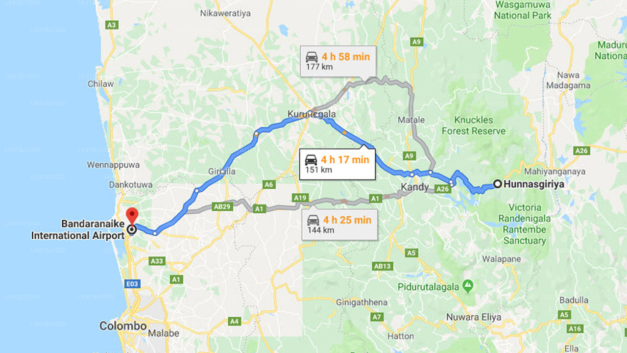 Hunnasgiriya City to Colombo Airport (CMB) Private Transfer