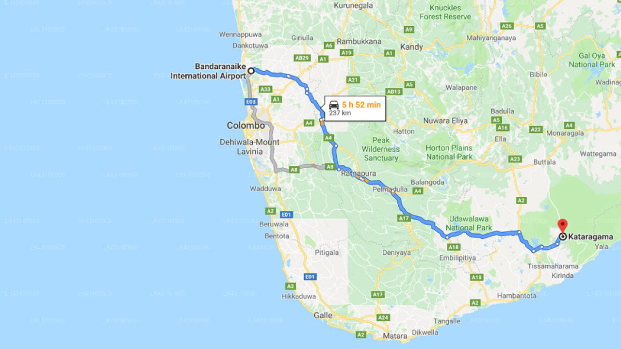 Transfer between Colombo Airport (CMB) and Kaputu Kema, Kataragama