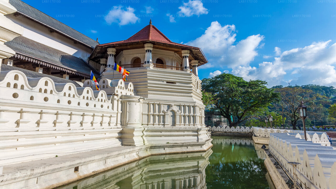 An overhead view of a white temple complex with a large Buddha statue, surrounded by a moat of water and a blue sky.